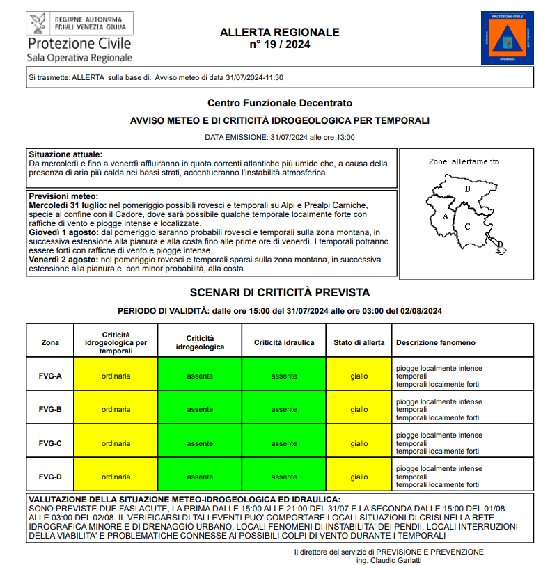 Allerta maltempo in Friuli Venezia Giulia
